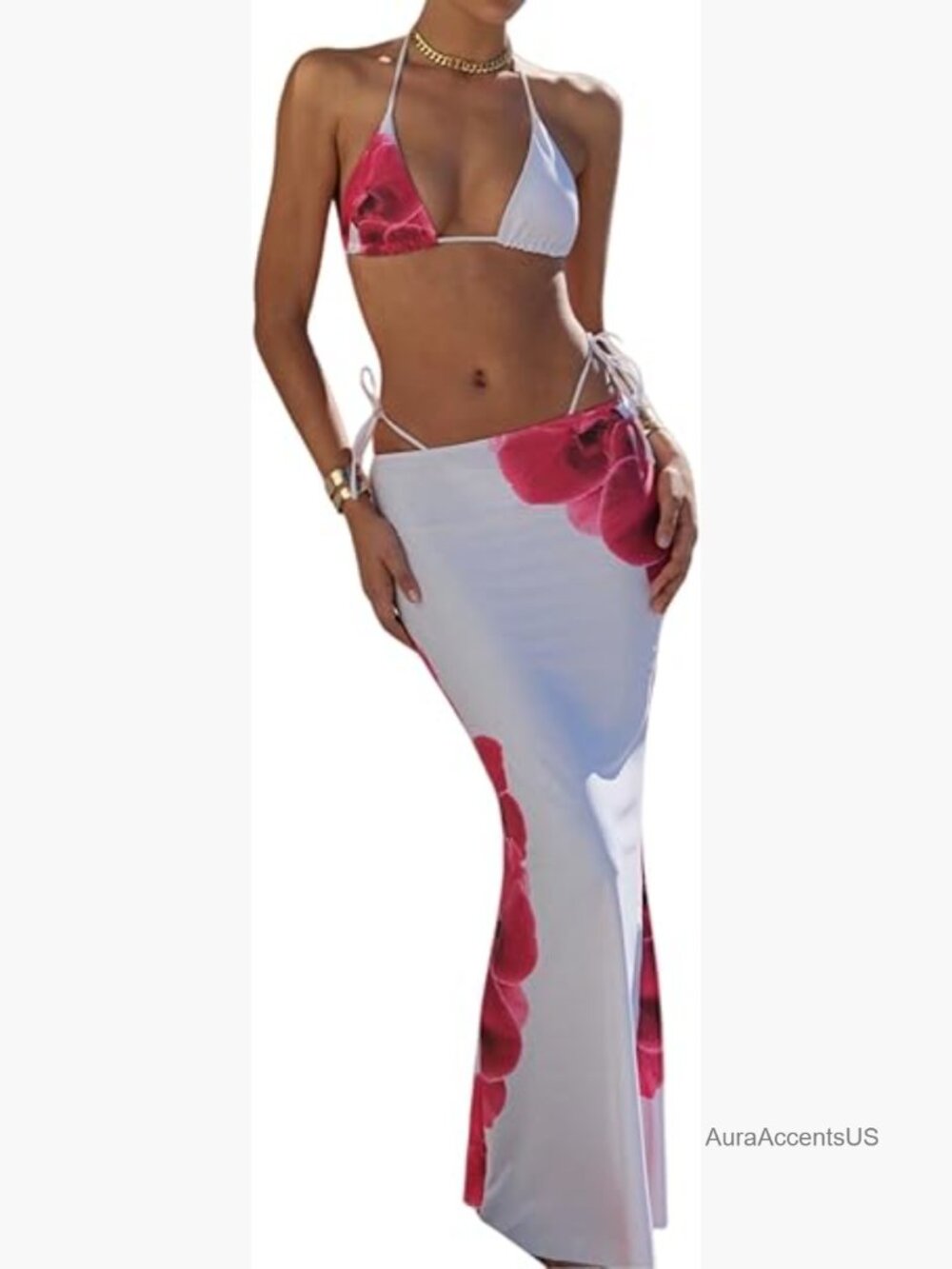3 Piece Floral High Slit Maxi Skirt Halter Bikini Set Tie Side Swimsuit Beach